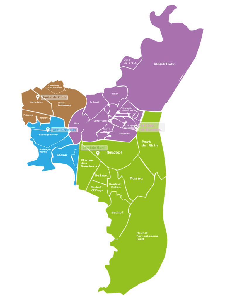 Carte des secteurs de jardins partagés pour l'édition 2026 de la Quinzaine des jardins partagés à Strasbourg & environs.