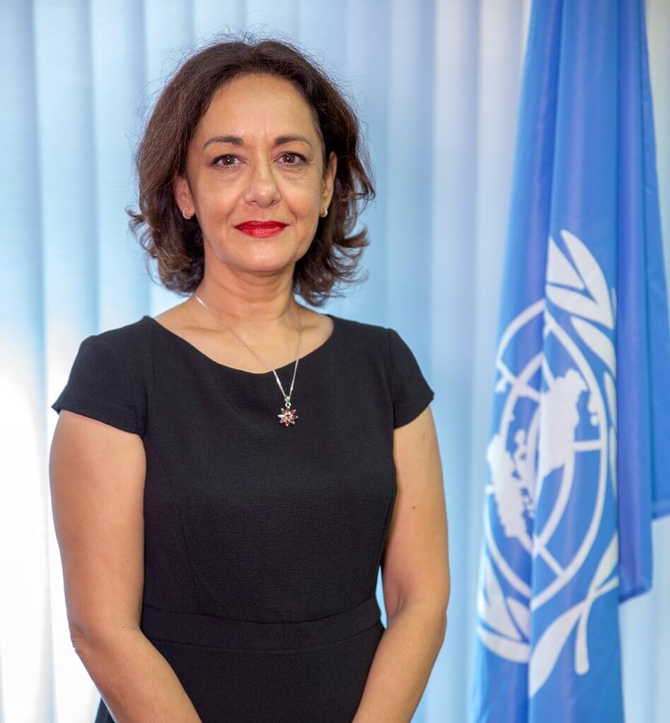 femme habillée d'une robe posant pour l'objectif avec le drapeau des nations unis en fond